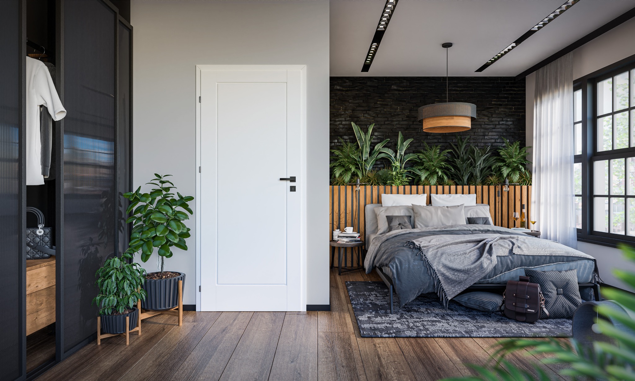 Nowoczesna sypialnia z białymi drzwiami z czarną klamką, ciemną szafą z ryflowanymi przeszkleniami, roślinami doniczkowymi i łóżkiem z drewnianym wezgłowiem oraz ścianą z czarnej cegły.
