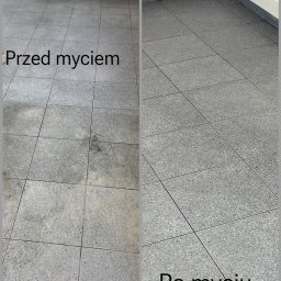 MK Clean Sp. z o.o. - Porównanie stanu podłogi z szarych płytek przed i po czyszczeniu, widoczne wyraźne różnice w czystości fug i powierzchni płytek.