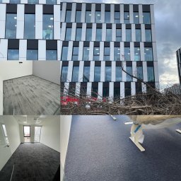 MK Clean Sp. z o.o. - Wnętrze nowego biura z wykładziną dywanową, widok na budynek biurowy z zewnątrz przez okna, częściowo zasłonięty stertą gałęzi po wycince.