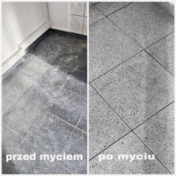 MK Clean Sp. z o.o. - Porównanie płytek podłogowych przed i po czyszczeniu w Tarnowskich Górach, widoczna różnica w kolorze i czystości fug.