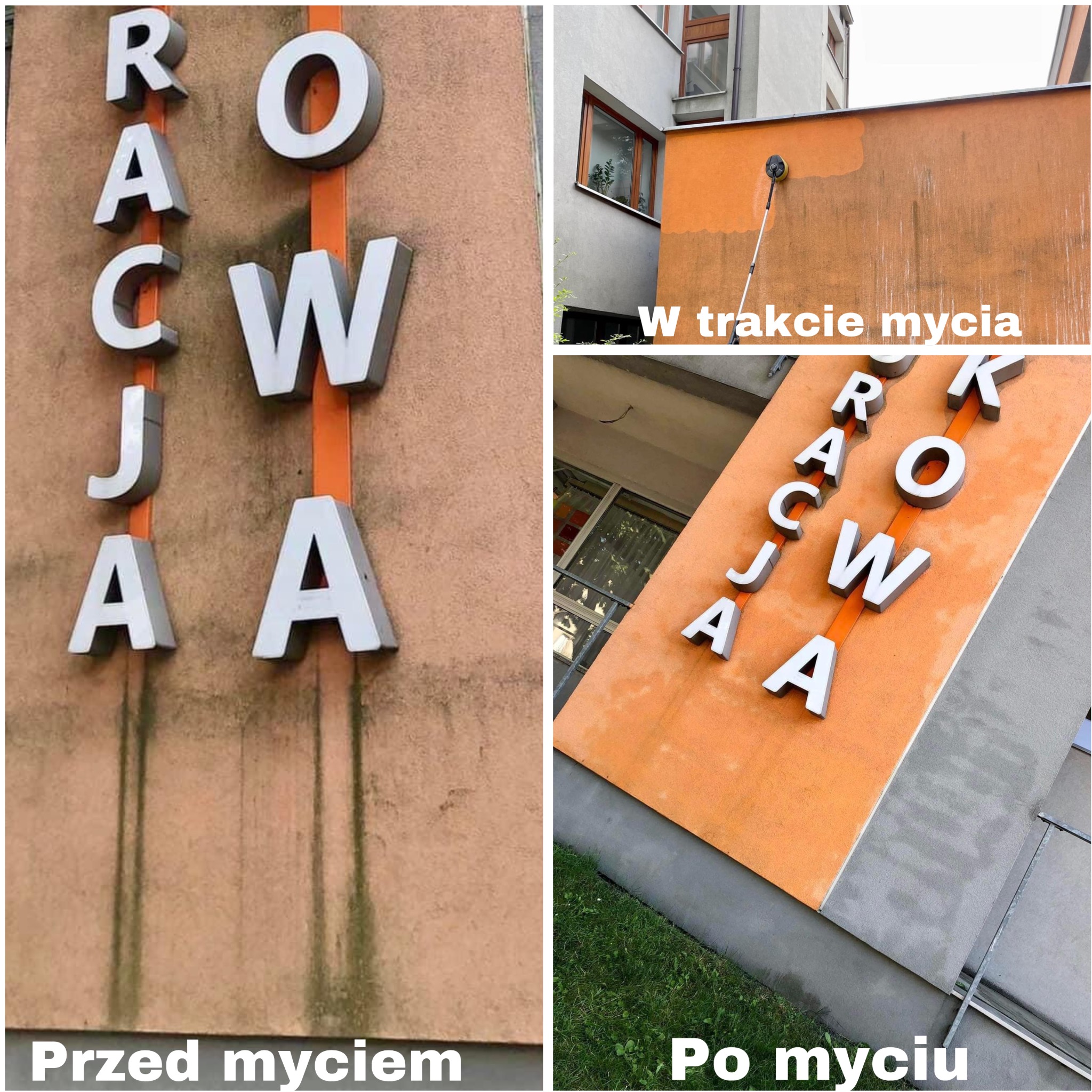 Trzy kadry elewacji budynku przed, w trakcie i po myciu, z widocznym napisem 'RACJA' przed i po czyszczeniu.