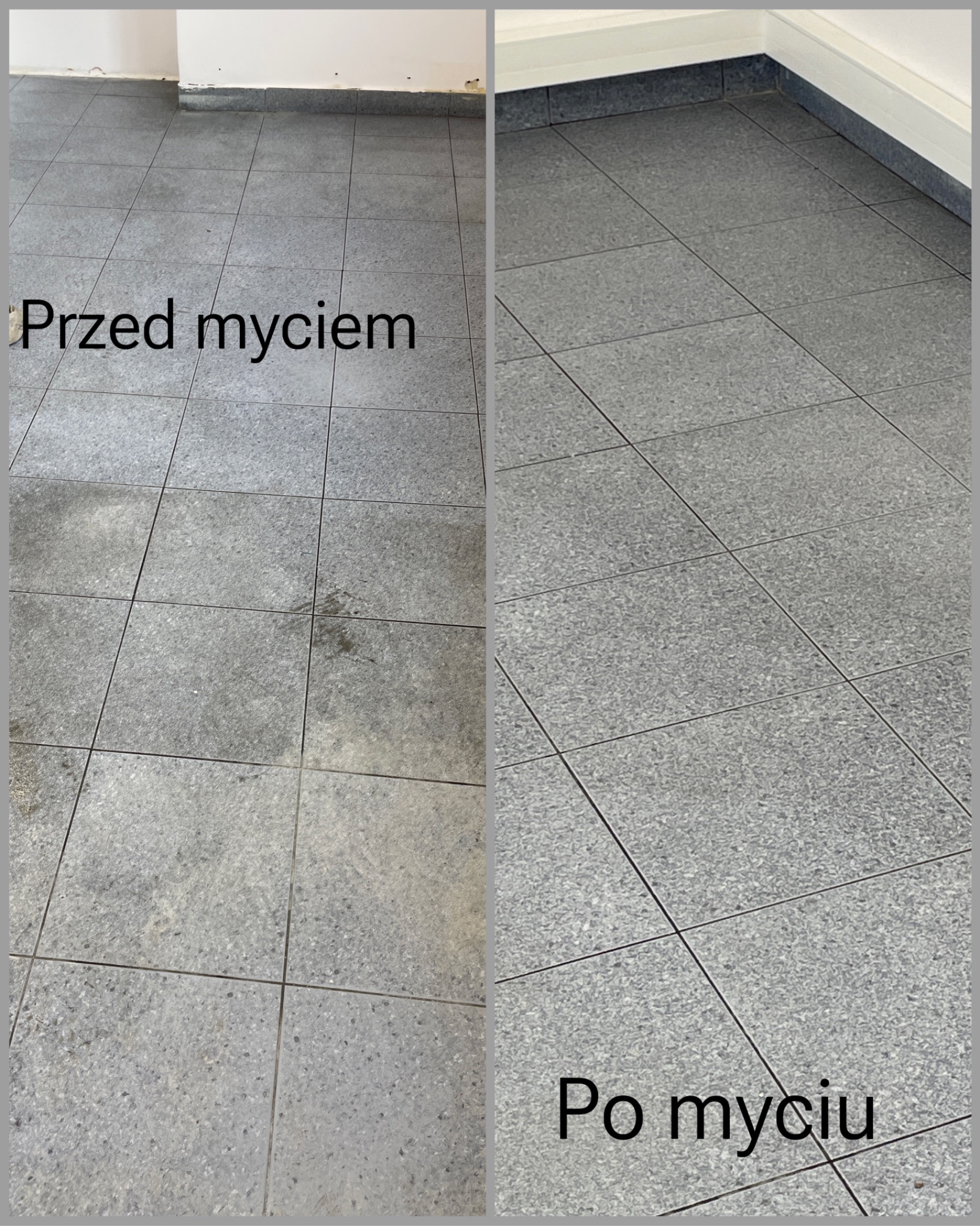 Porównanie stanu podłogi z szarych płytek przed i po czyszczeniu, widoczne wyraźne różnice w czystości fug i powierzchni płytek.
