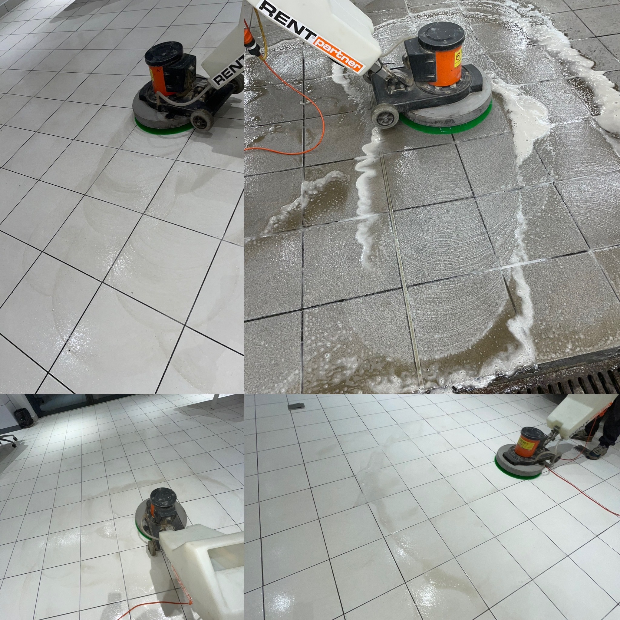 Czyszczenie posadzki z płytek w biurze za pomocą profesjonalnej maszyny szorującej z widocznym logotypem RentPartner, prezentującej efekt przed i po umyciu.