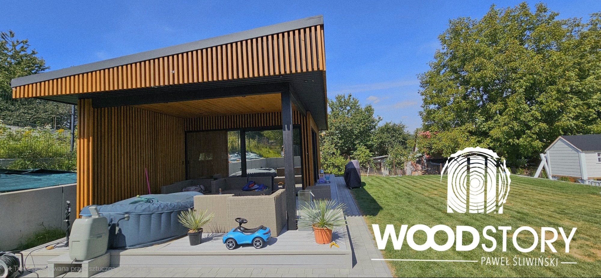 Nowoczesna altana z drewna z jacuzzi i meblami ogrodowymi, otoczona zielenią. Widoczny fragment trawnika i drzewa w tle. Uwagę przyciąga zabawka - niebieski samochodzik.