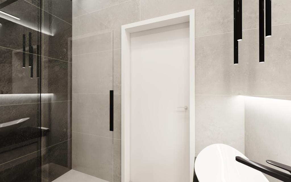 Nowoczesna łazienka w odcieniach szarości i bieli z minimalistycznym oświetleniem punktowym, szklaną kabiną prysznicową z czarnym uchwytem oraz białą, lakierowaną na wysoki połysk umywalką.