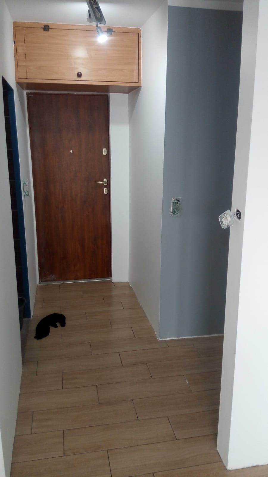 Wnętrze przedpokoju w trakcie odświeżania: drewniane drzwi wejściowe, szafka nad nimi, płytki podłogowe imitujące drewno, ściana pomalowana częściowo na szaro, widoczne puszki elektryczne bez...