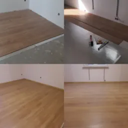 Czteropanelowe ujęcie: górny lewy róg przedstawia fragment pokoju z częściowo ułożonymi panelami podłogowymi, dolny lewy róg ukazuje gotową podłogę po montażu, górny prawy róg prezentuje narzędzia...