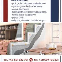 Przekrój ściany z oknem, prezentujący warstwy ocieplenia, siatkę zbrojeniową, tynk i cegłę, z detalami mocowań izolacji, na tle regału z wiadrami i drabiny, w materiałach reklamowych firmy CEMABUD.