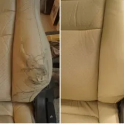 Porównanie: Zużyty, popękany beżowy skórzany fotel samochodowy przed renowacją i odnowiony fotel po naprawie, z widoczną różnicą w fakturze i kolorze.