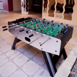 Stół do piłkarzyków z figurkami w kolorach czerwonym i niebieskim, ustawiony w pomieszczeniu z beżowymi płytkami i dekoracyjnymi lustrami na ścianie.