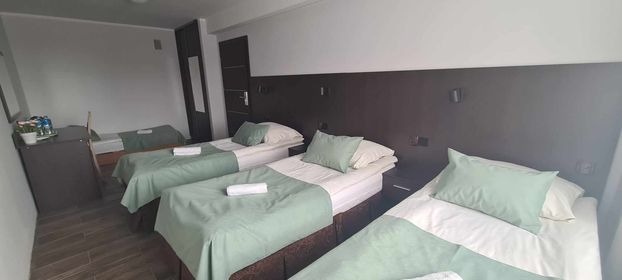 Pokój z czterema pojedynczymi łóżkami z zielonymi narzutami i poduszkami, białą pościelą i ręcznikami na każdym łóżku, ciemnobrązowe zagłówki i szafki nocne, widok z perspektywy szerokokątnej.