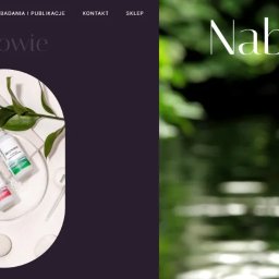 Francky Iside - Fragment strony internetowej z widocznym menu, nazwą firmy i produktami kosmetycznymi na białym tle z zielonymi liśćmi, druga połowa zdjęcia przedstawia rozmyte tło z zielenią i wodą.