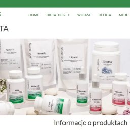 Francky Iside - Ekran strony internetowej z ofertą suplementów diety marki NabioTech, w białych opakowaniach, ułożonych na białym tle z gałązkami roślin. Widoczne nazwy produktów: Sanavit, Błonnik, Litoral, Lhotse...