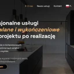 Strona internetowa firmy budowlano-wykończeniowej z minimalistyczną grafiką i nowoczesnym wnętrzem kuchennym w tle, prezentująca ofertę kompleksowych usług od projektu po realizację.