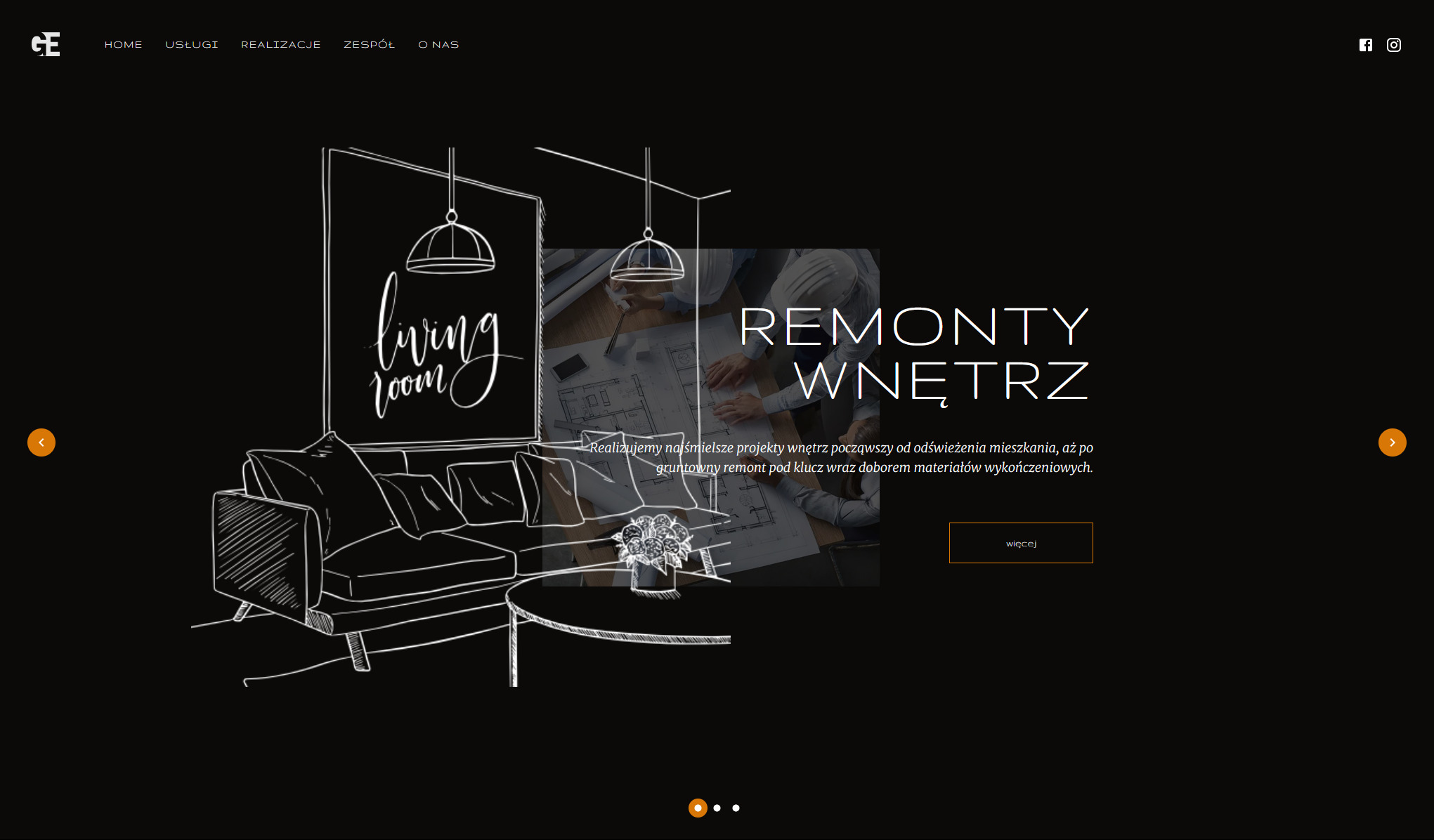 Strona internetowa firmy remontowej z wizualizacją salonu: szkic mebli na ciemnym tle, napis 'living room', tekst 'Remonty Wnętrz' oraz zdjęcie planu architektonicznego z pracującymi osobami.