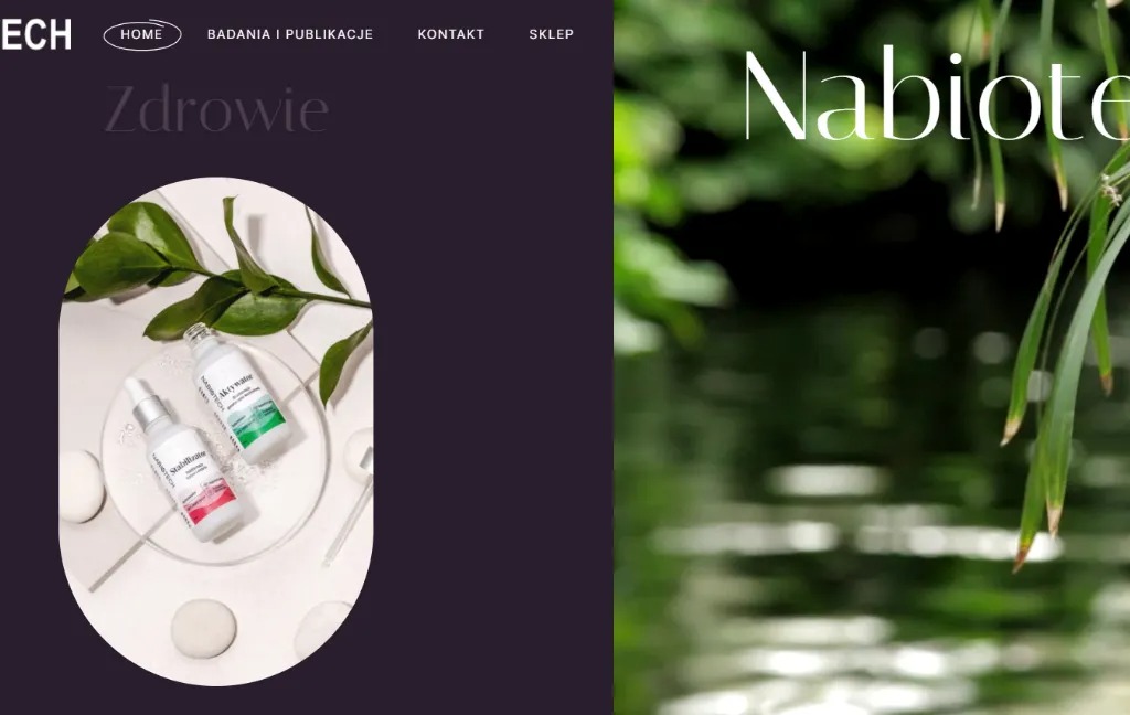 Fragment strony internetowej z widocznym menu, nazwą firmy i produktami kosmetycznymi na białym tle z zielonymi liśćmi, druga połowa zdjęcia przedstawia rozmyte tło z zielenią i wodą.