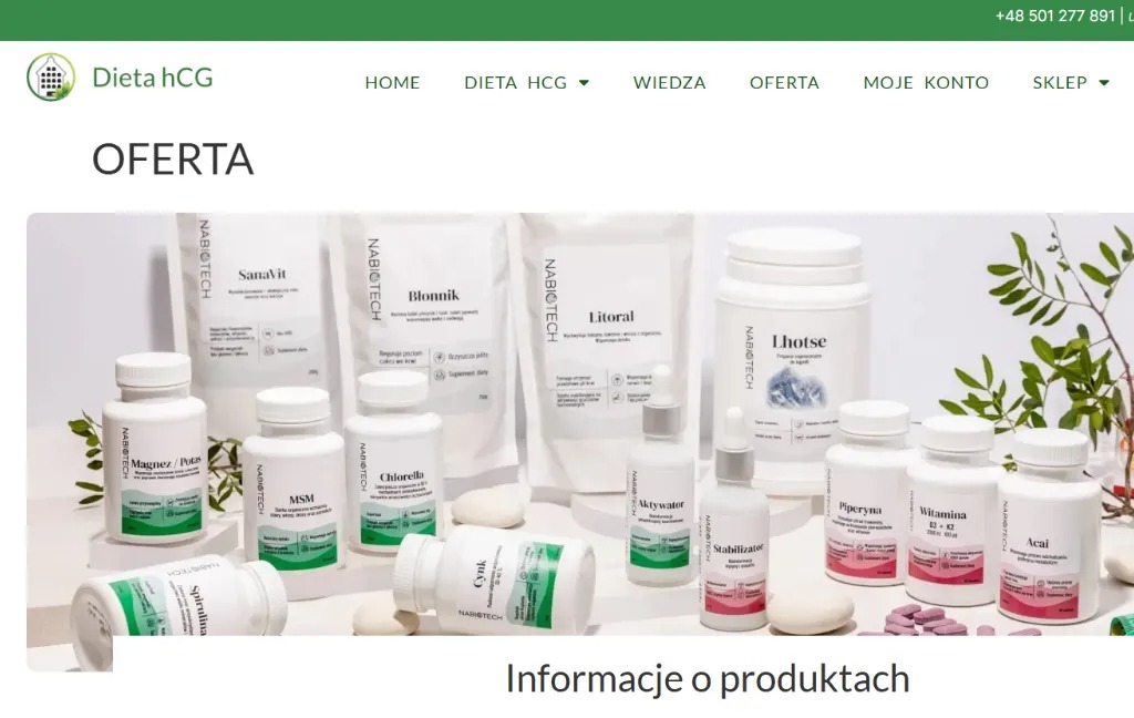 Ekran strony internetowej z ofertą suplementów diety marki NabioTech, w białych opakowaniach, ułożonych na białym tle z gałązkami roślin. Widoczne nazwy produktów: Sanavit, Błonnik, Litoral, Lhotse...