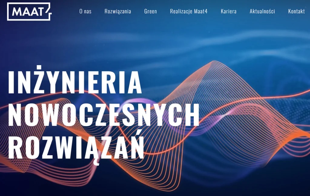 Strona internetowa firmy Maat z hasłem 'Inżynieria Nowoczesnych Rozwiązań' na niebieskim tle z pomarańczowymi, falującymi liniami.