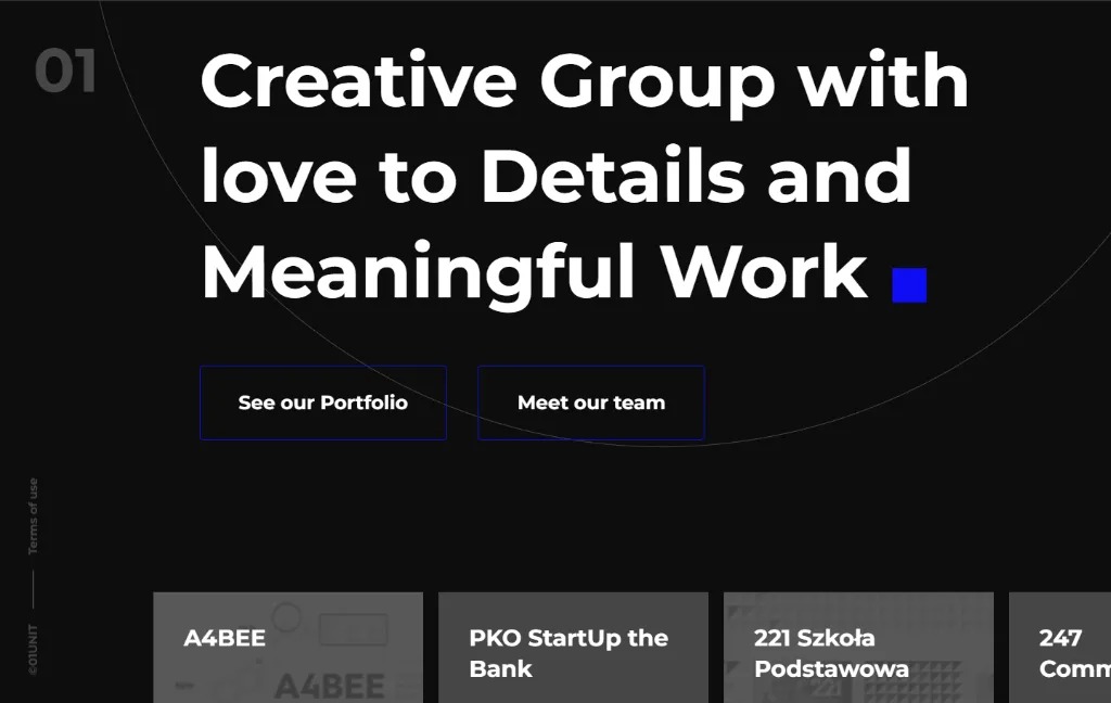 Strona internetowa z tekstem 'Creative Group with love to Details and Meaningful Work', przyciski 'See our Portfolio' i 'Meet our team' oraz logotypy klientów na ciemnym tle.