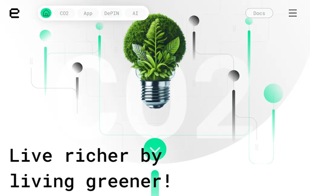 Grafika strony internetowej z motywem ekologicznym: żarówka wypełniona roślinami na tle minimalistycznego interfejsu z napisem 'Live richer by living greener!'.