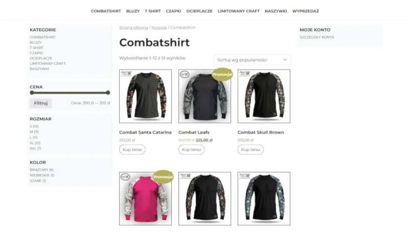 Prezentacja asortymentu sklepu internetowego z odzieżą typu combatshirt, z filtrami kategorii, cen, rozmiarów i kolorów po lewej stronie.