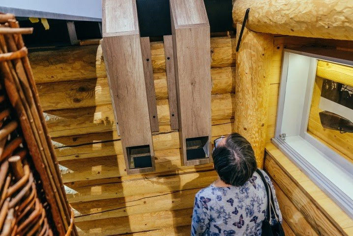 Wnętrze drewnianego domu z dwiema wiszącymi szafkami z drewnianym wykończeniem, oglądane przez kobietę w bluzce w motyle.