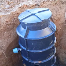 Czarny, plastikowy zbiornik bezodpływowy częściowo zakopany w wykopie ziemnym, widoczny niebieski kr&oacute;ciec przyłączeniowy z boku.