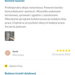 RENOVATION SYSTEMS Emil Oporski - Zrzut ekranu z aplikacji Fixly, prezentujący opinie użytkowników na temat usług remontowych, w tym pozytywną recenzję dotyczącą odnowienia pomieszczenia sanitarnego oraz budowy ścianki działowej,...
