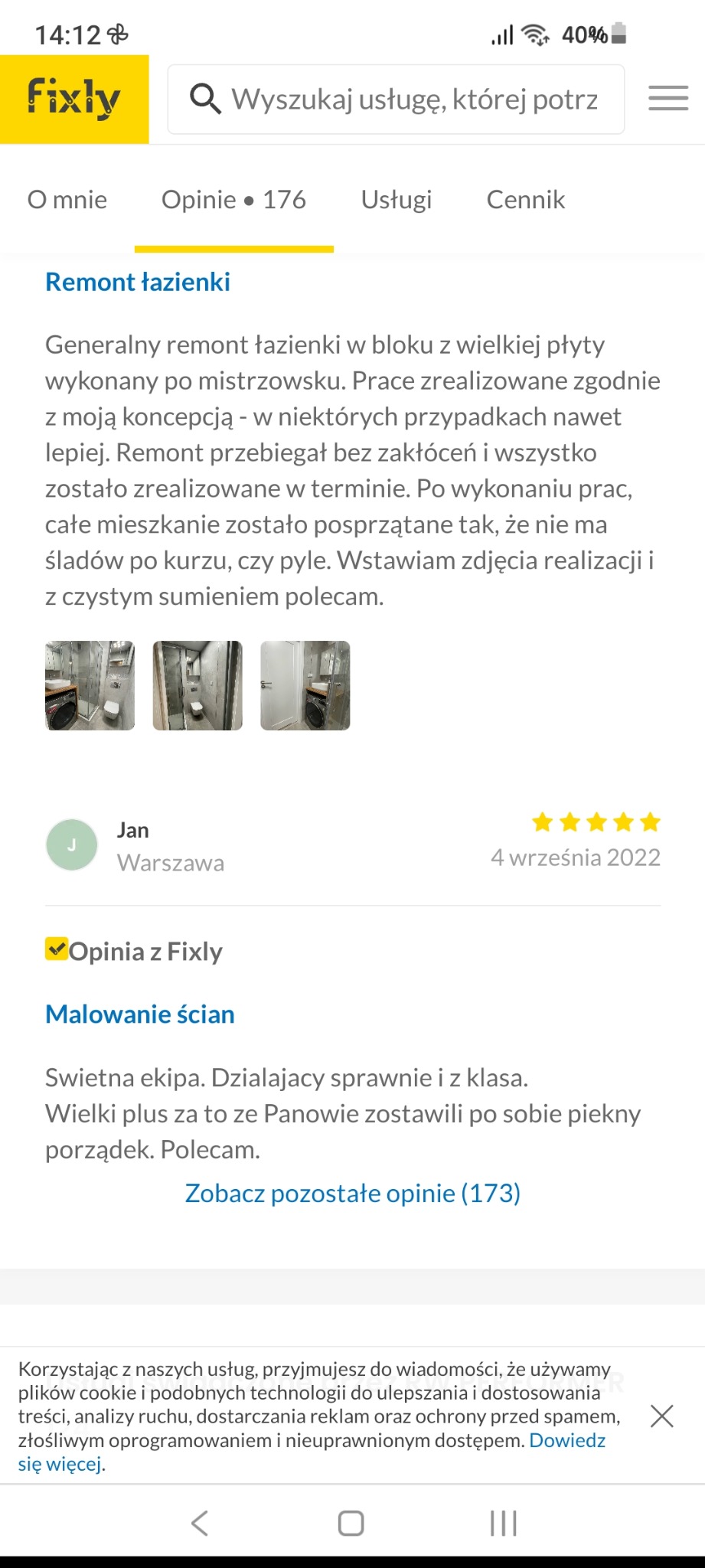 Zrzut ekranu opinii klienta na platformie Fixly, chwalącego generalny remont łazienki w bloku, z dołączonymi miniaturkami zdjęć zrealizowanej usługi.