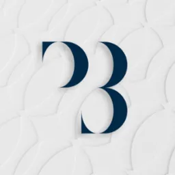 Eleganckie, granatowe logo składające się z dwóch elementów przypominających litery 'D' i 'B', na teksturowanym, białym tle z motywem nakładających się okręgów.