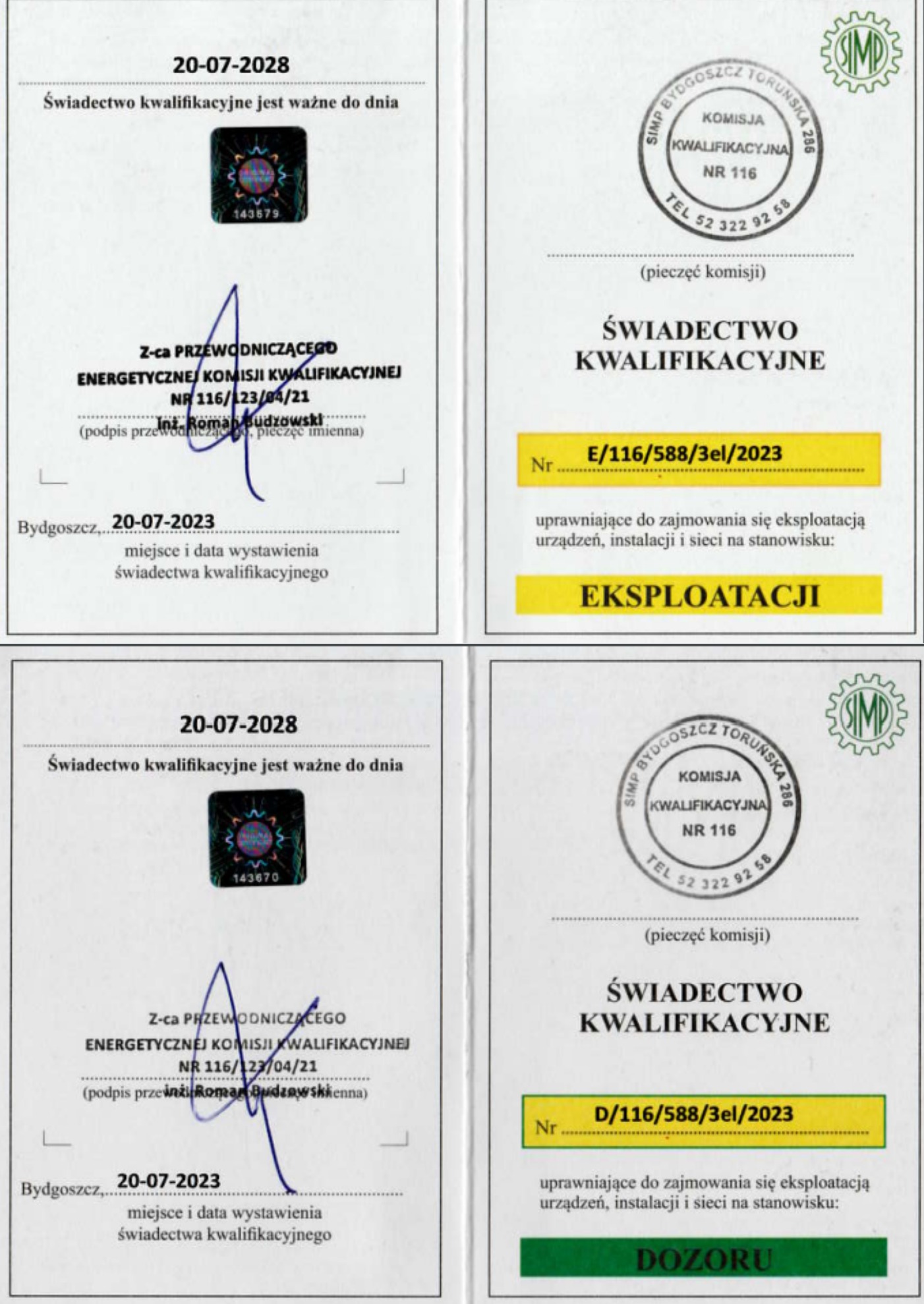 Skan dokumentów: świadectwa kwalifikacyjne energetyczne z pieczęciami i podpisami, uprawnienia do eksploatacji i dozoru urządzeń, instalacji i sieci, daty ważności do 2028 roku.
