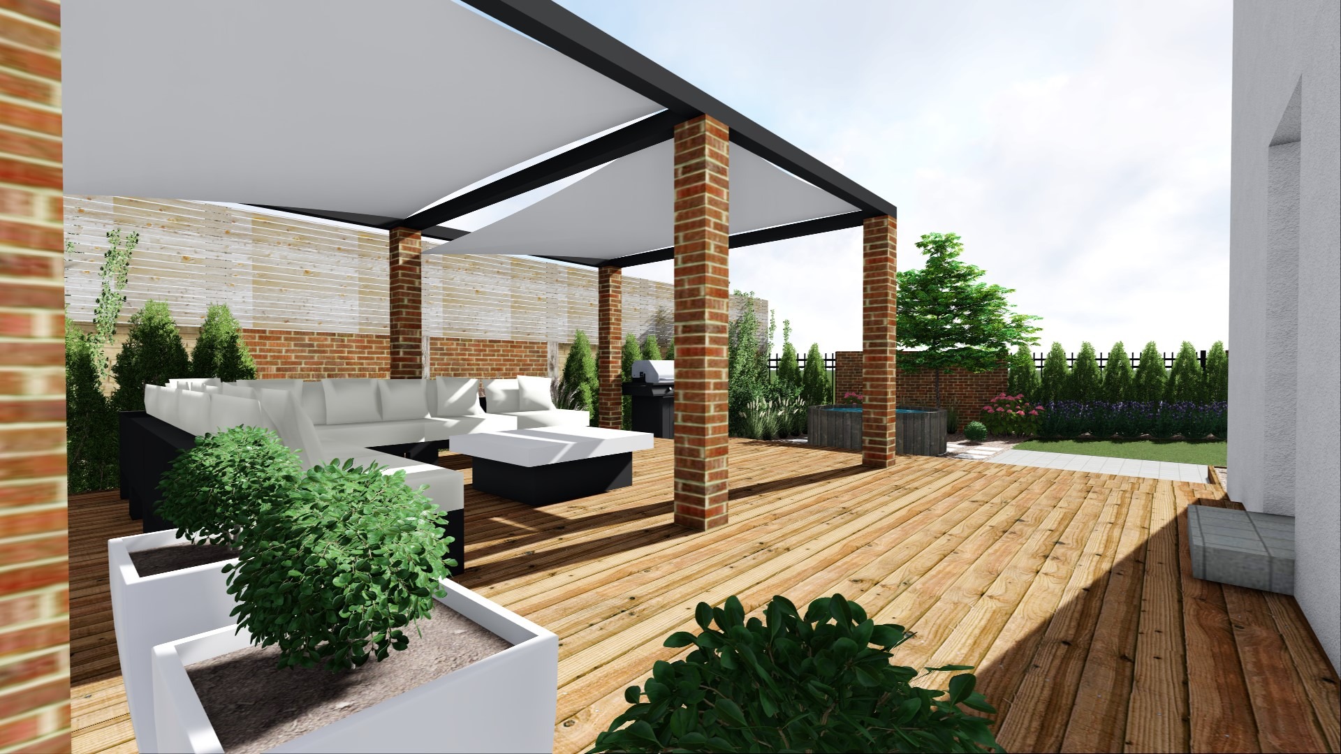 Wizualizacja tarasu z drewnianą podłogą, pergolą z białym zadaszeniem, meblami ogrodowymi i zielenią w donicach.
