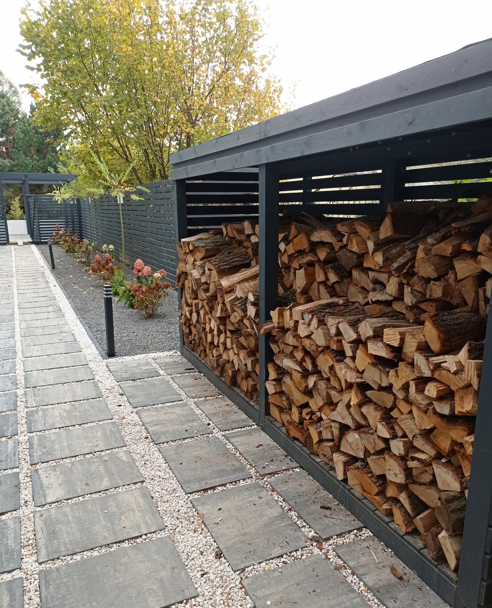 Nowoczesna drewutnia z szarego drewna, wypełniona pociętym drewnem opałowym, obok ścieżka z płyt betonowych wysypana białym grysem, w tle szary płot i roślinność ogrodowa.