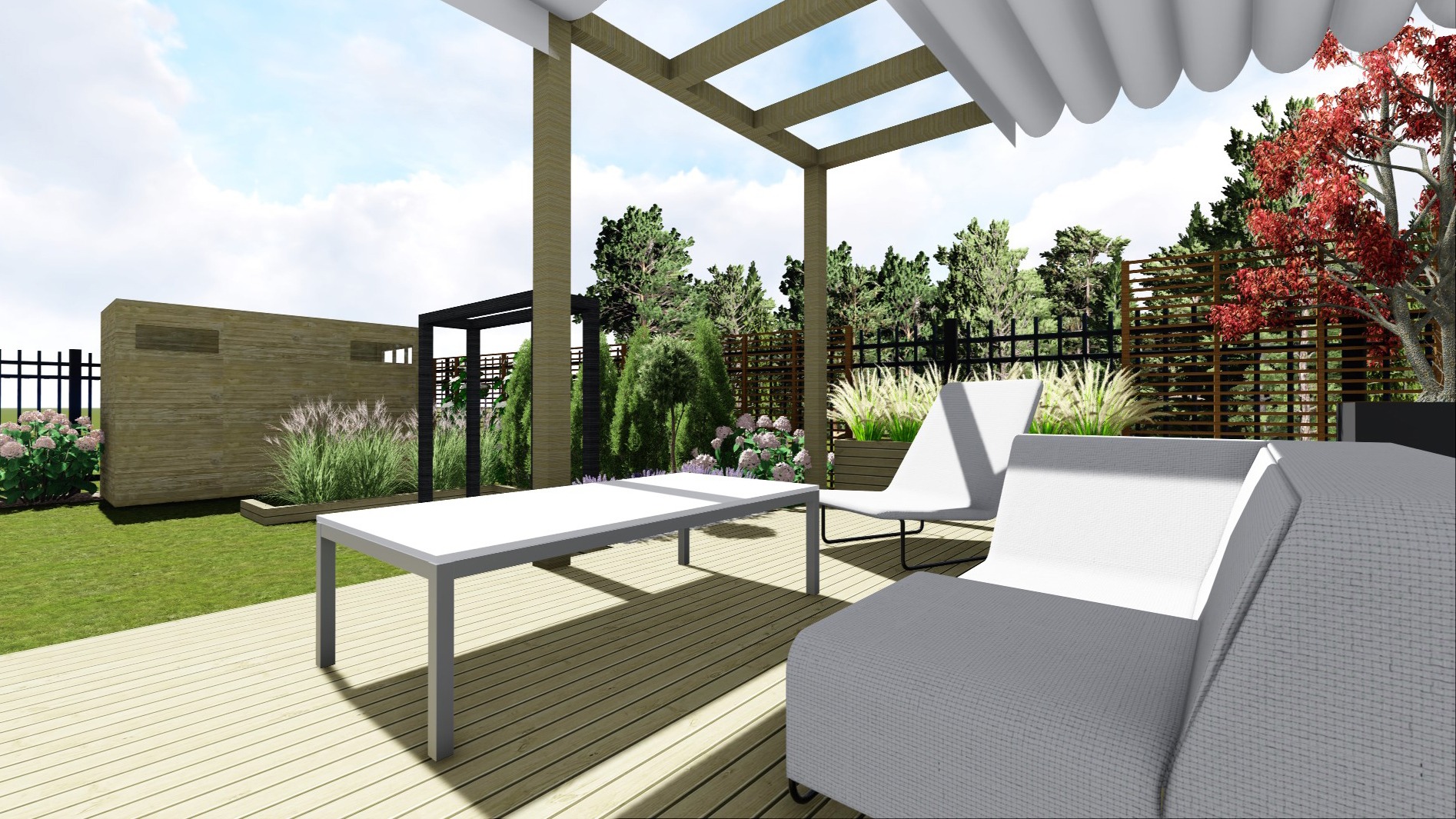 Wizualizacja tarasu z drewnianą podłogą, białymi meblami ogrodowymi i pergolą, otoczonego zielenią i elementami małej architektury.
