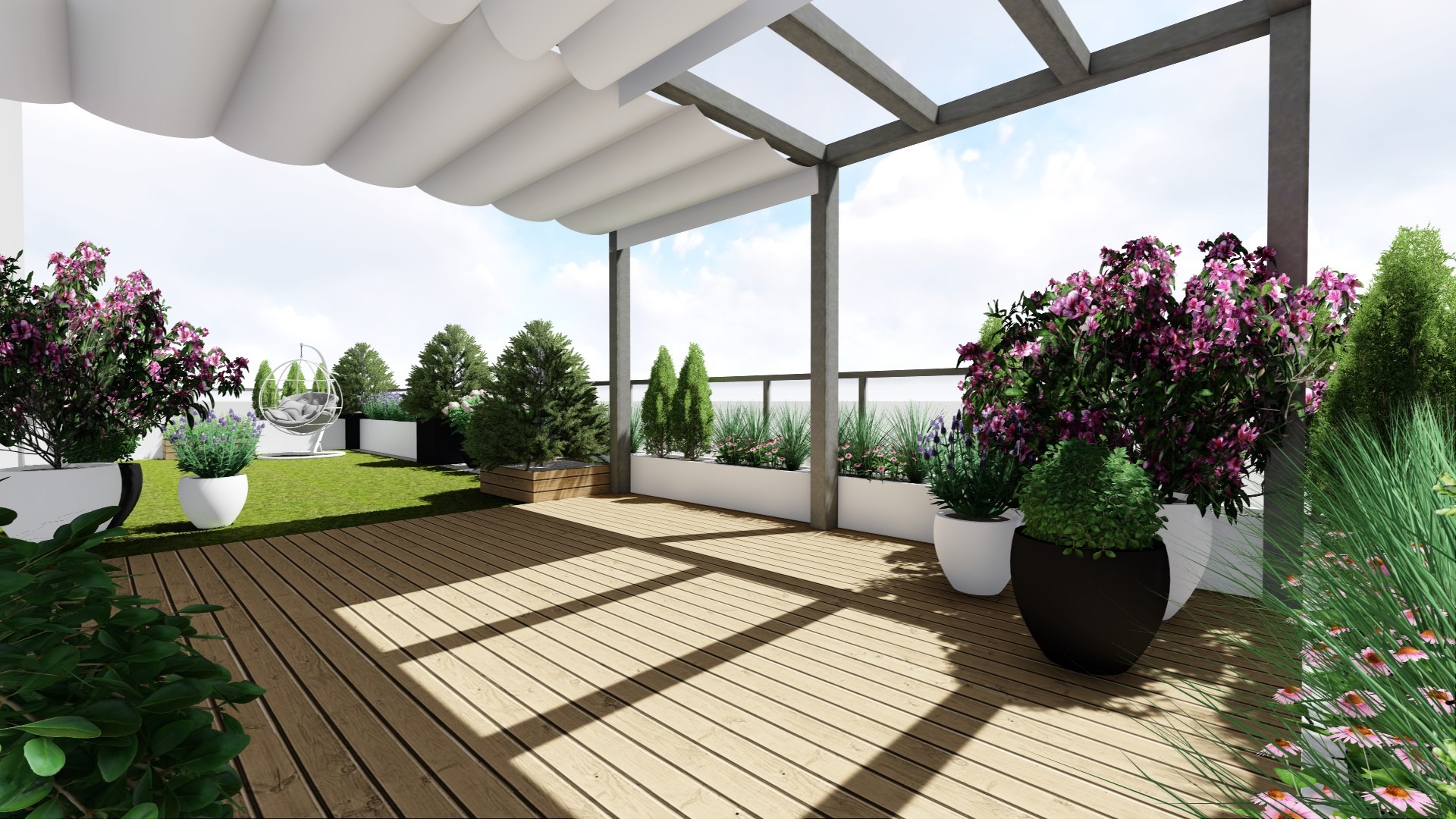 Wizualizacja tarasu na dachu z drewnianą podłogą, pergolą z rozwijanym zadaszeniem, roślinami w donicach i wiszącym fotelem na trawniku.
