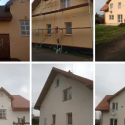 Dom jednorodzinny z beżową elewacją, częściowo zakryty rusztowaniem podczas prac wykończeniowych, widoczne narzędzia i akcesoria malarskie na ziemi.