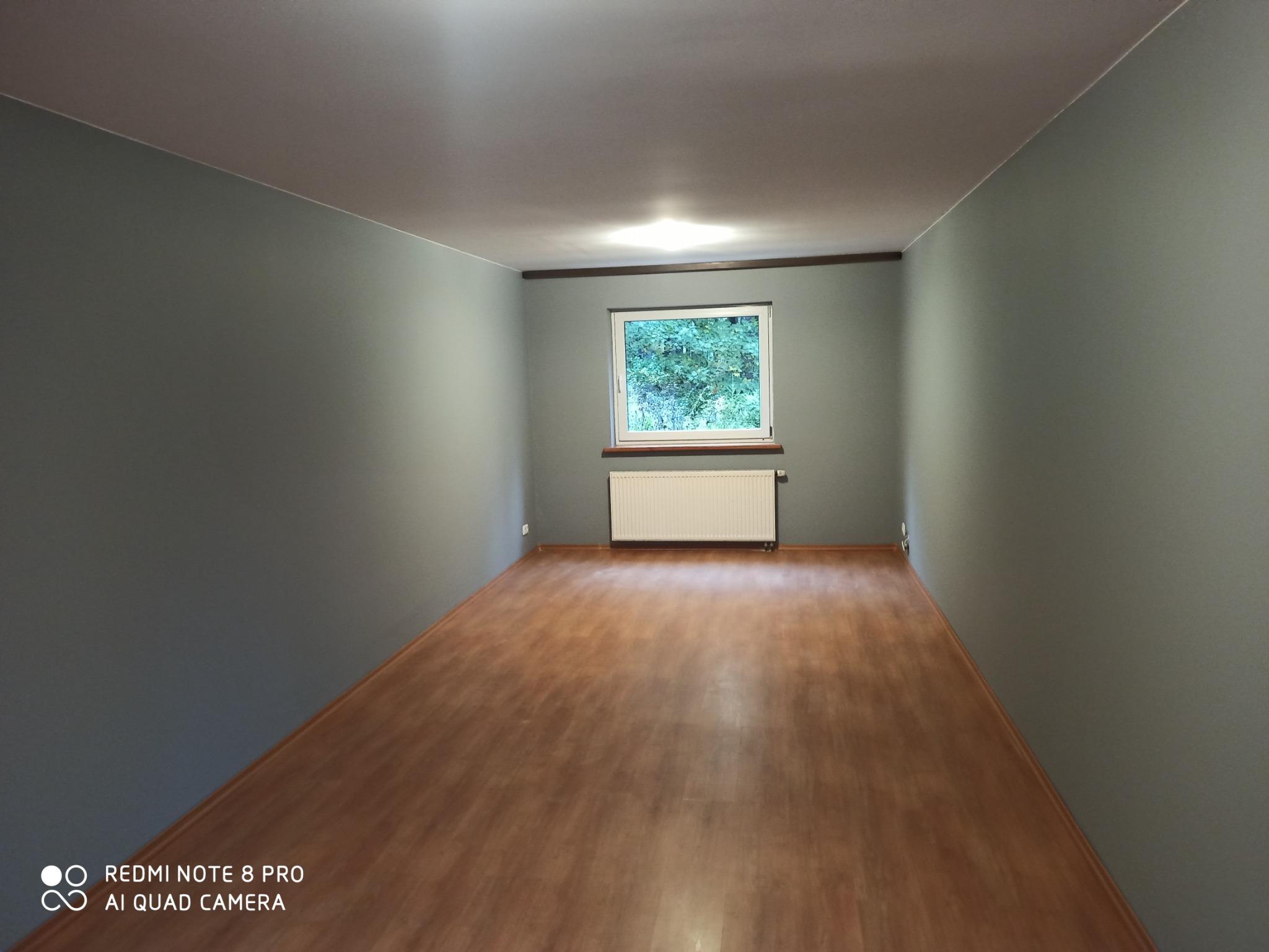 Pusty pokój z pomalowanymi na szaro ścianami, panelami podłogowymi imitującymi drewno i białym grzejnikiem pod oknem z widokiem na zieleń.