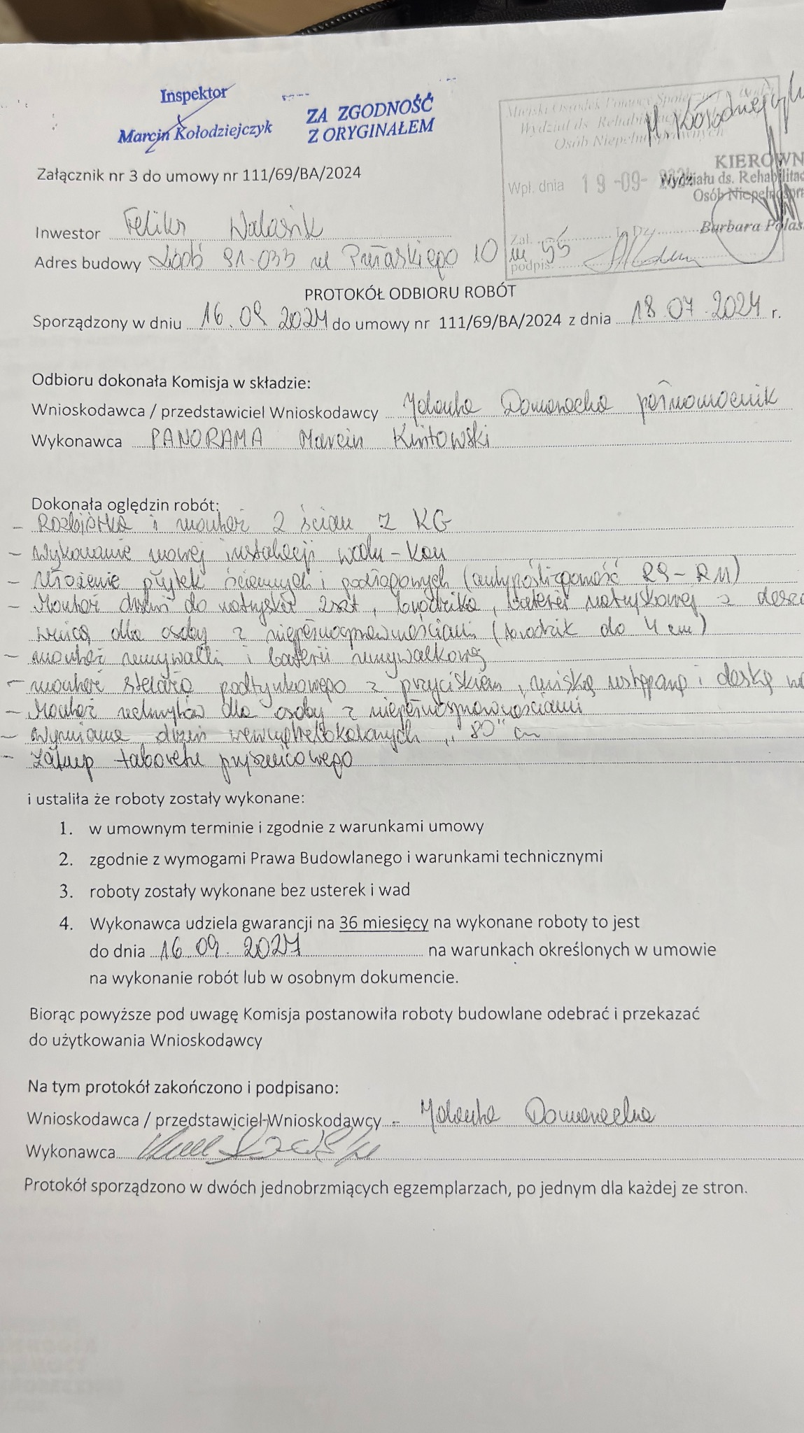 To jest protokół odbioru prac-pani, która wystawiła negatywną opinię.