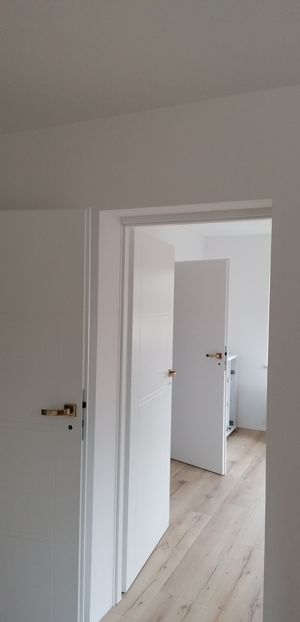 Wnętrze mieszkania w Łodzi z dwiema białymi, częściowo otwartymi drzwiami z złotymi klamkami i panelami podłogowymi imitującymi jasne drewno.