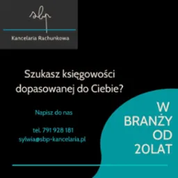 Grafika reklamowa kancelarii rachunkowej z logo, informacją o 20-letnim doświadczeniu i hasłem 'Szukasz księgowości dopasowanej do Ciebie?'