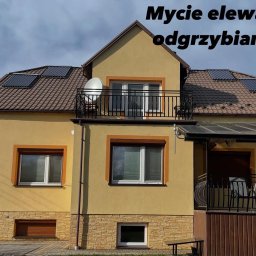 Minor Malowanie Dachów Natalia Szymczak - Żółta elewacja domu jednorodzinnego po odświeżeniu, z brązowymi obramowaniami okien i panelami solarnymi na dachu z brązowej dachówki.