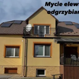 Żółta elewacja domu jednorodzinnego po odświeżeniu, z brązowymi obramowaniami okien i panelami solarnymi na dachu z brązowej dachówki.