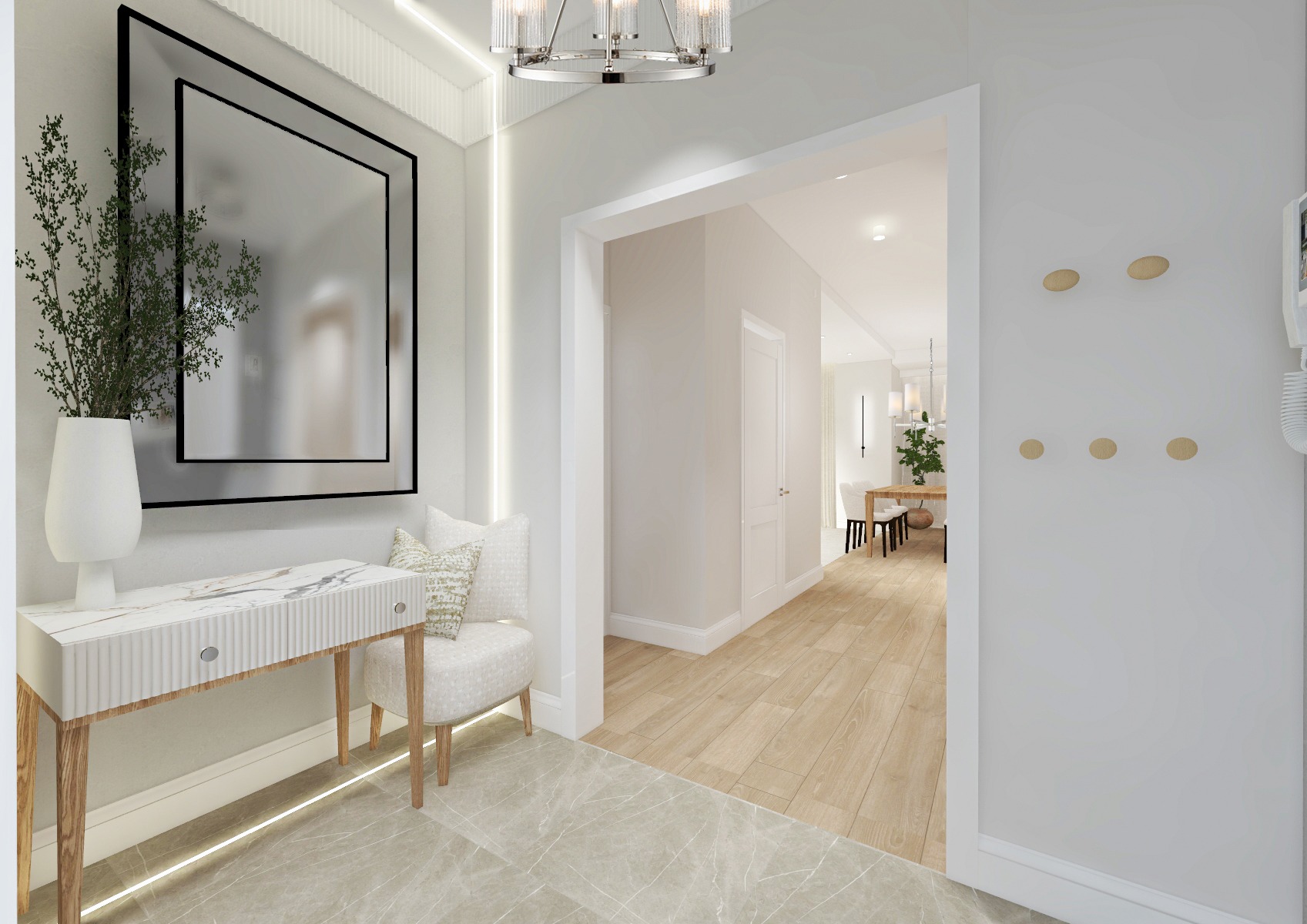 Jasny przedpokój z marmurowym blatem konsoli, ozdobnym lustrem w czarnej ramie, krzesłem w stylu glamour i widokiem na jadalnię w głębi.
