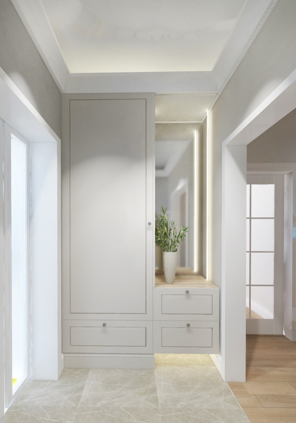 Nowoczesny przedpokój z zabudowaną szafą w odcieniach szarości, lustrem z podświetleniem LED i ceramiczną donicą z zieloną rośliną, marmurowa podłoga, widok na drzwi wewnętrzne.