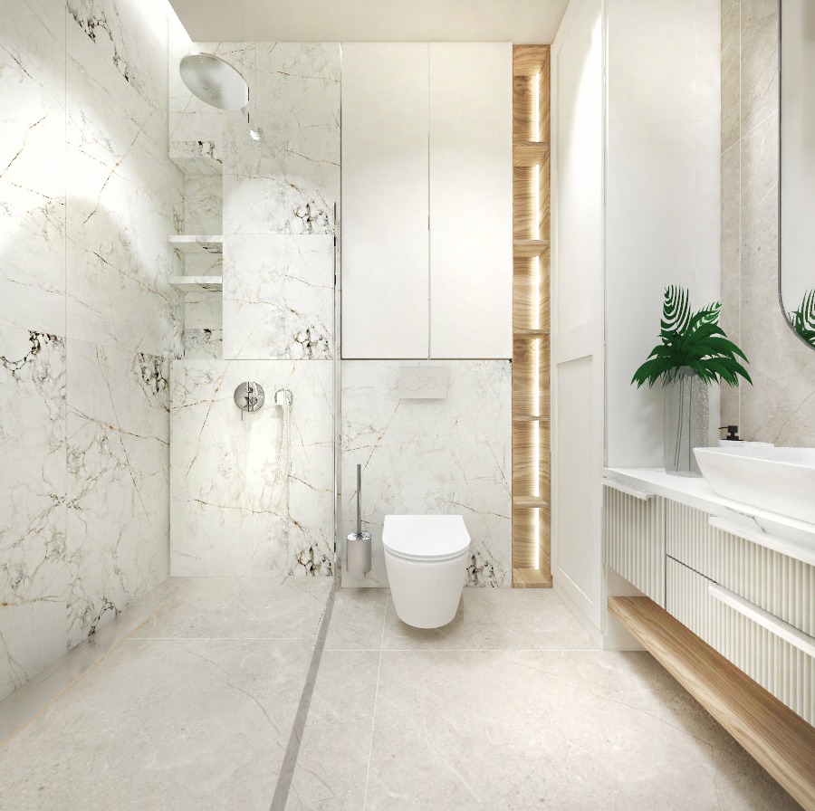 Elegancka łazienka z marmurowymi płytkami, kabiną prysznicową typu walk-in, wiszącą toaletą i szafkami z podświetlanymi niszami, uzupełniona rośliną w minimalistycznym wazonie.