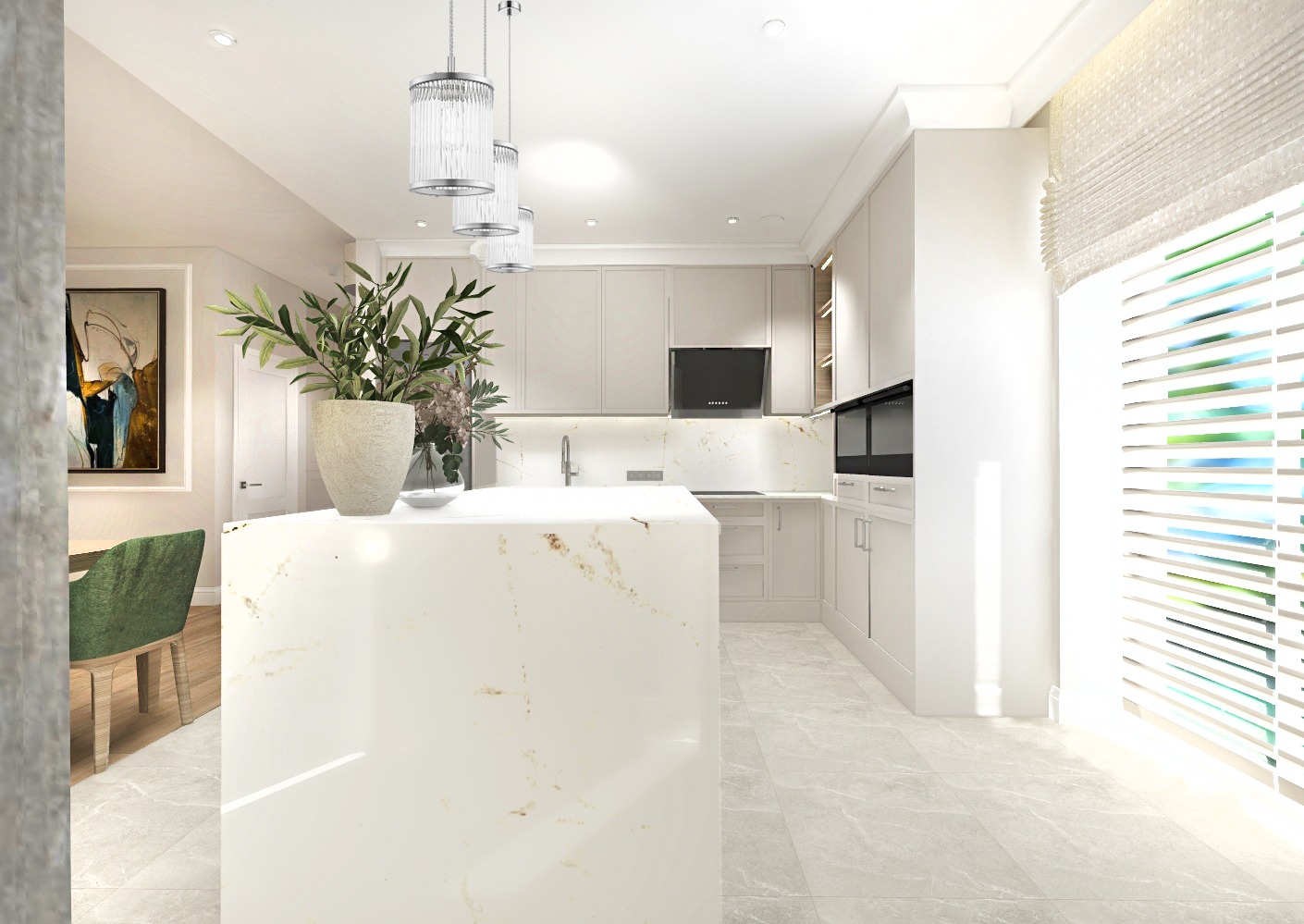 Jasna kuchnia z wyspą z marmurowym blatem, wiszącymi lampami i zielonym krzesłem w tle obrazu.