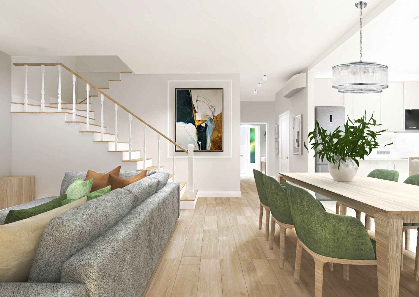 Jasny salon z drewnianą podłogą, szarą sofą z kolorowymi poduszkami, schodami z białymi balustradami i obrazem na ścianie, połączony z jadalnią z drewnianym stołem i zielonymi krzesłami.