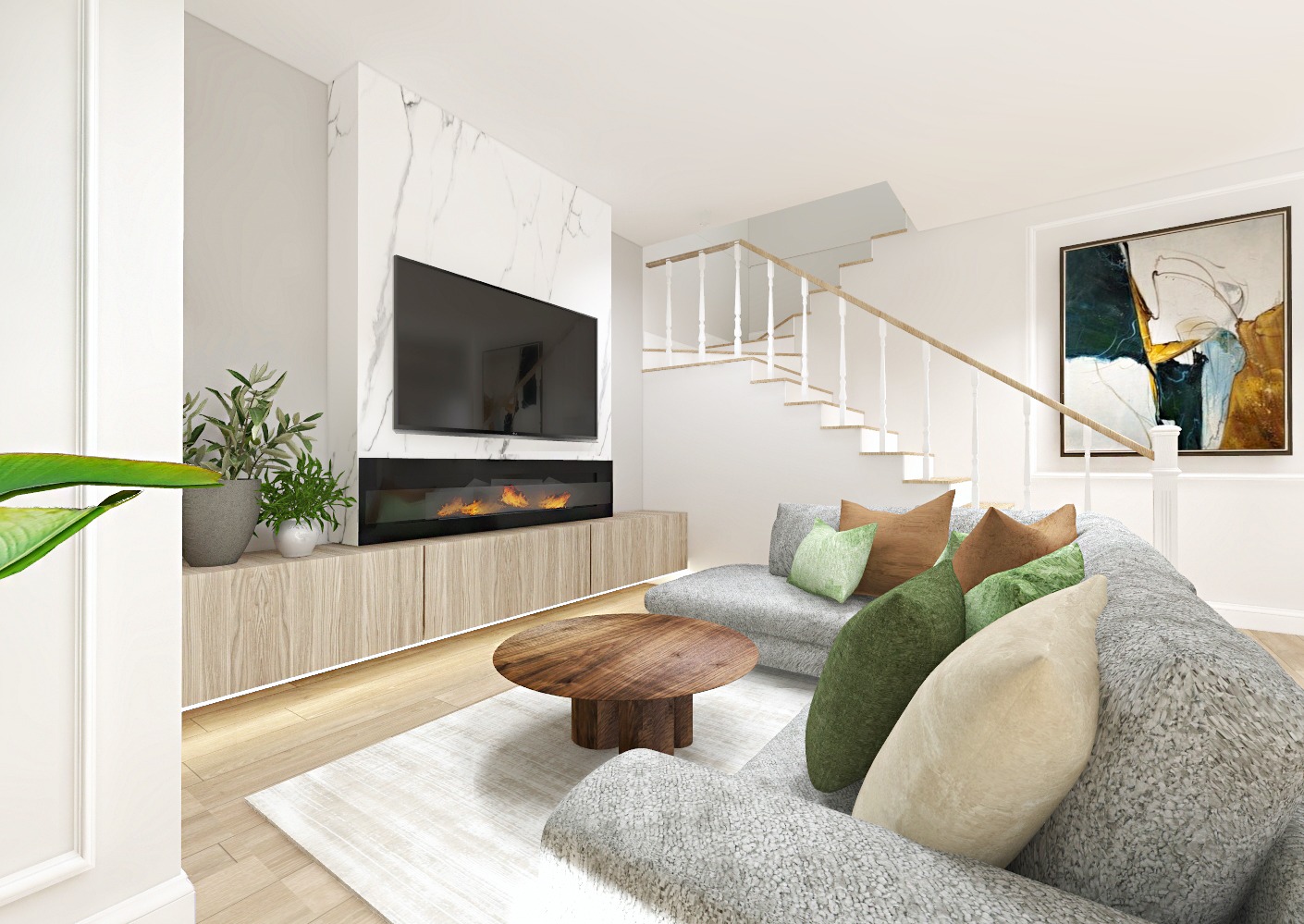 Nowoczesny salon z kominkiem elektrycznym pod telewizorem, marmurową ścianą, drewnianym stolikiem kawowym i szarą sofą z dekoracyjnymi poduszkami w odcieniach zieleni i brązu, schody w tle.