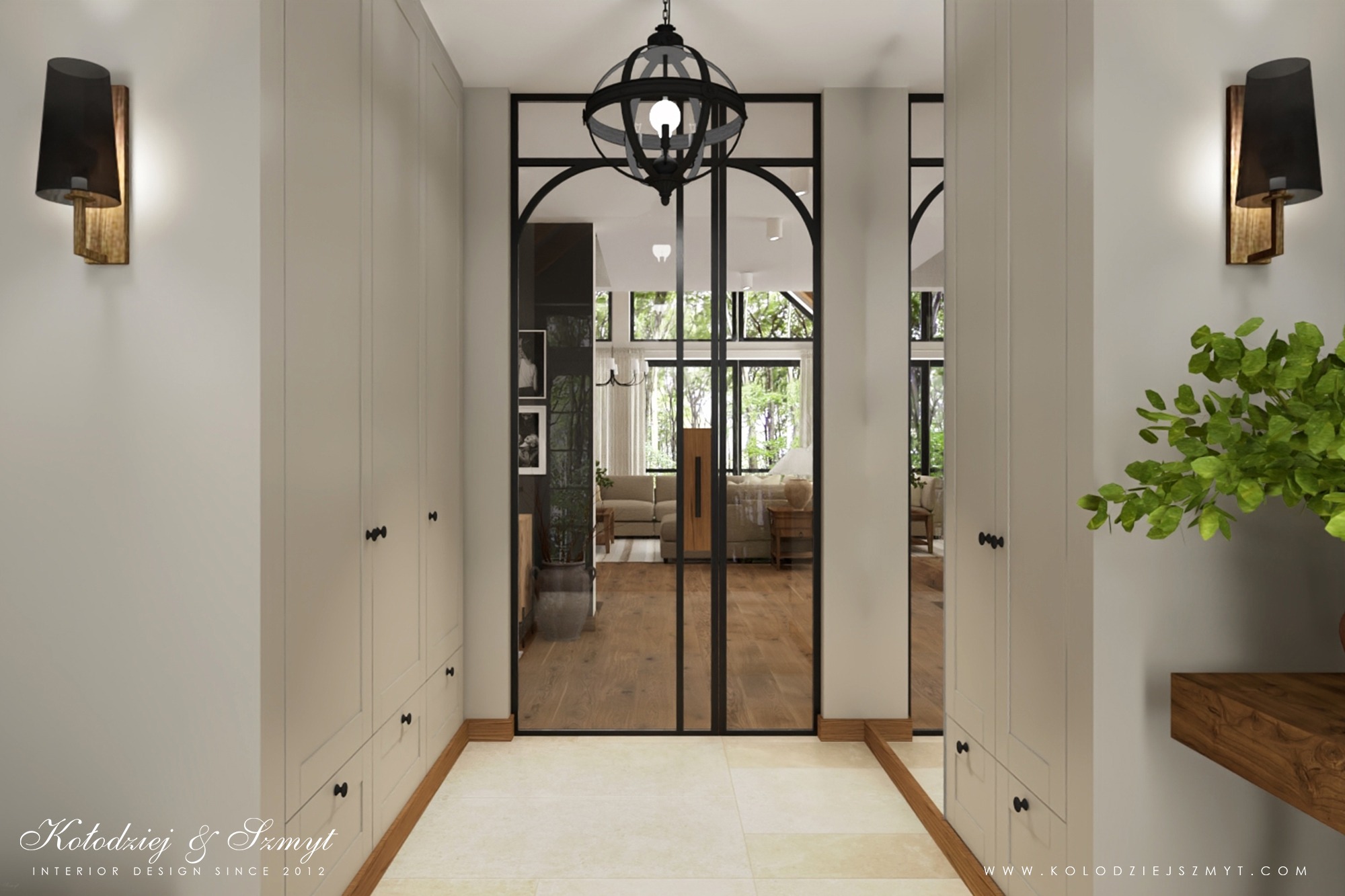 Nowoczesny przedpokój z zabudowaną szafą w kolorze ecru, czarną lampą wiszącą w stylu industrialnym i przeszklonymi drzwiami z czarnymi szprosami prowadzącymi do salonu z drewnianą podłogą.