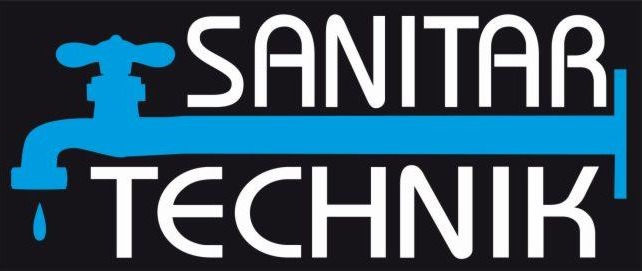 Logo firmy Sanitar Technik: stylizowany na kran niebieski element graficzny z kroplą wody, biały napis SANITAR na górze, TECHNIK na dole, czarne tło.